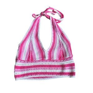 Hollister Pink Crochet Cropped Halter Top M Y2K Boho Summer